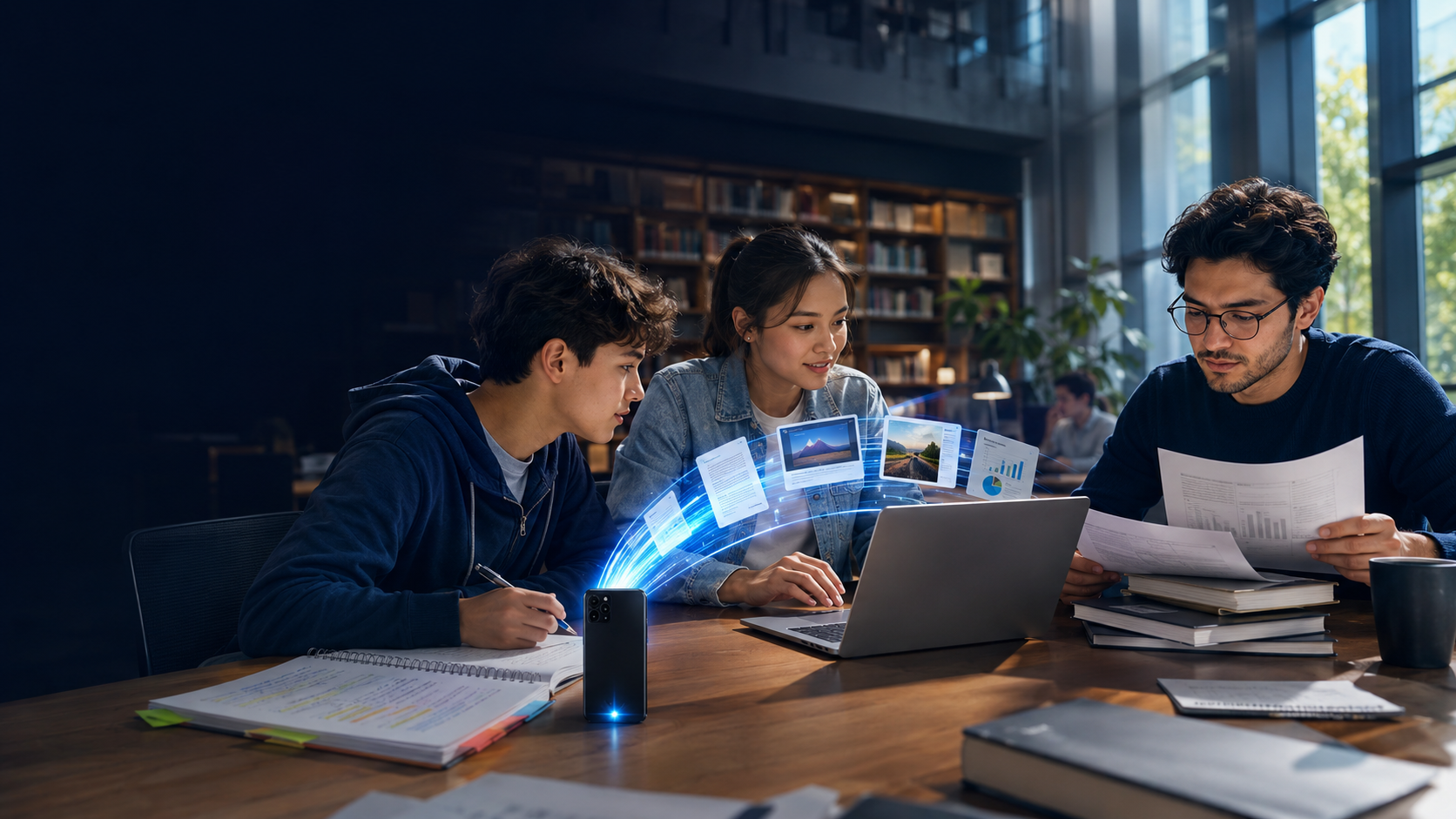 Students transferring class, presentation, and research files from an Android phone to a laptop